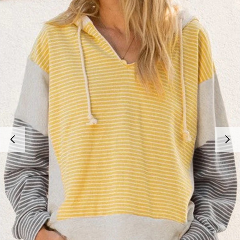 Hem & Thread Margo Stripe Drawstring Hoodie. Gray Yellow Green